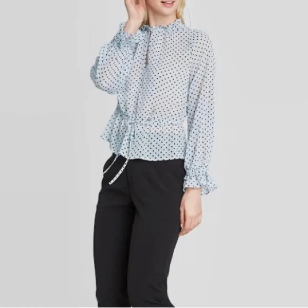 Who What Wear XL Polka Dot Sheer Ruffle Blouse Coquette Drawstring Cottagecore - Picture 1 of 9
